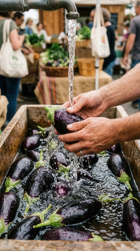 Fresh Eggplants Being Washed At A Bustling Outdoor Market