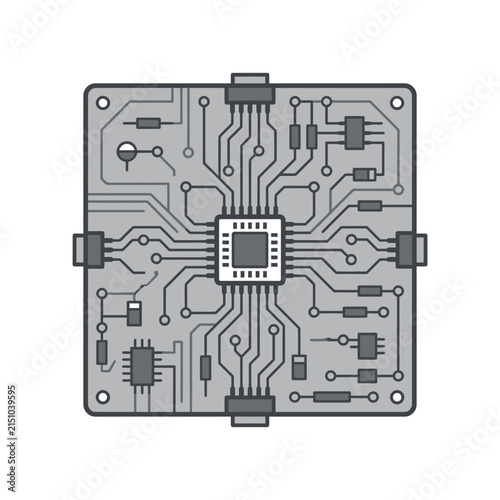 Square printed circuit board with integrated microchip.