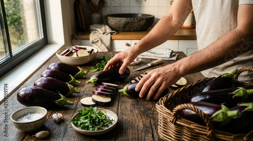 Fresh Eggplants Being Prepared For Delicious Cooking In A Rustic Kitchen