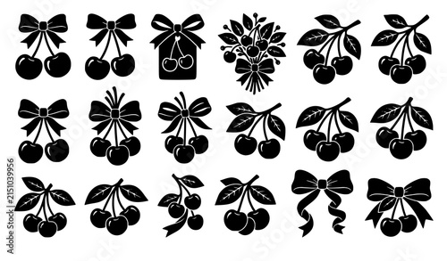 Sweet Cherry Silhouette Vector Collection with Decorative Ribbon Bow Fruit Graphics