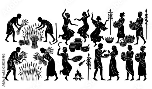 Tribal People Harvest Festival Silhouette Vector Collection with Ancient Farming Elements