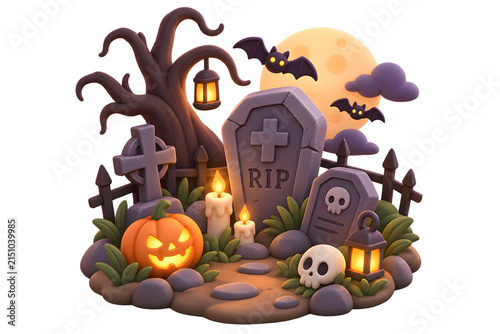 3D Graveyard Illustration on Transparent Background