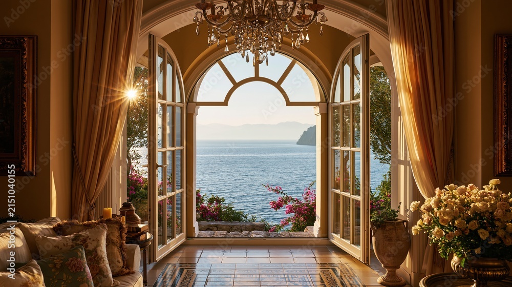 Fototapeta premium Luxurious hotel suite with arched French doors opening to a sunlit ocean view and coastal landscape