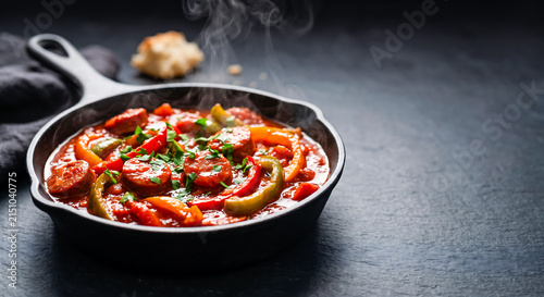 Spetsofai Greek Sausage and Pepper Stew in Cast Iron Skillet