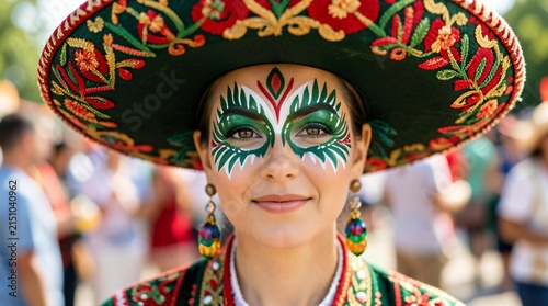 Mexican Festival Woman in Traditional Sombrero with Colorful Cultural Face Paint