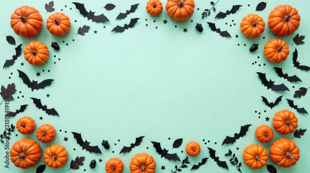 Fototapeta premium Top view frame made of small orange pumpkins and black paper bats on a light green halloween background