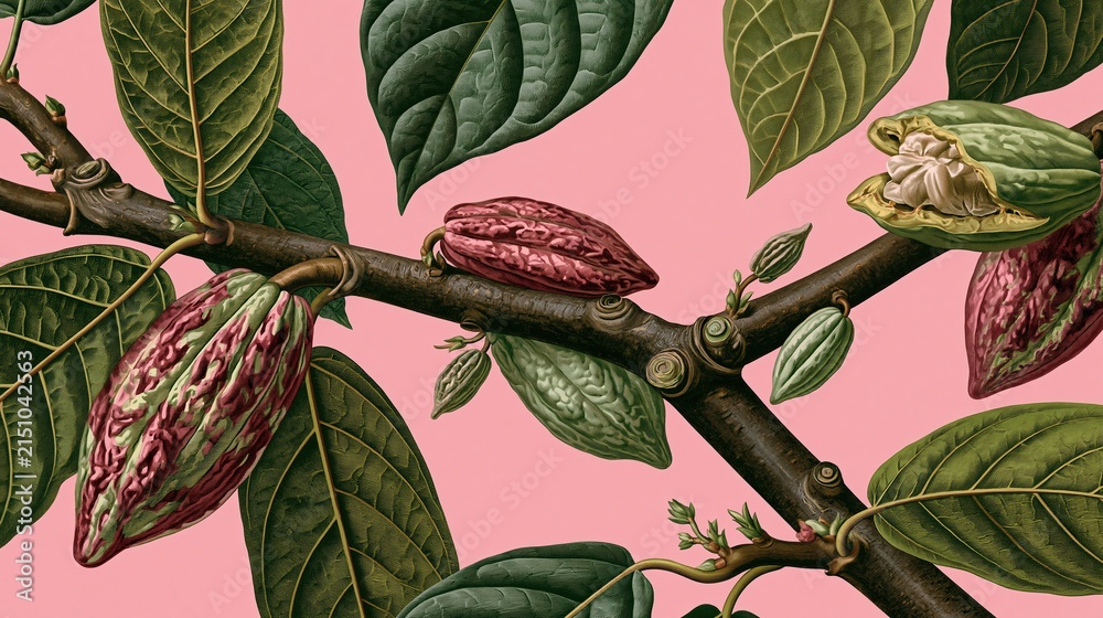 Fototapeta premium Vintage botanical illustration of cocoa pods and leaves on a branch against a soft pink background.