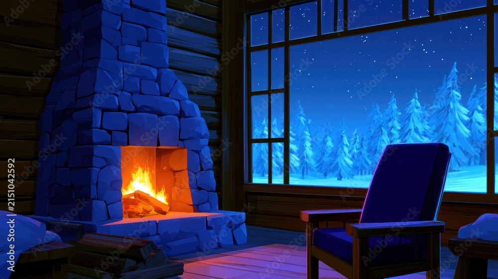 Fototapeta premium Cozy cabin with a stone fireplace, wooden interior, and a snowy forest outside the large window