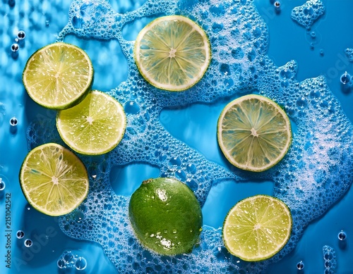 vibrant overhead view of fresh lime slices bubbly blue foam and sparkling water droplets on solid blue background evoking clean and refreshing summer vibe