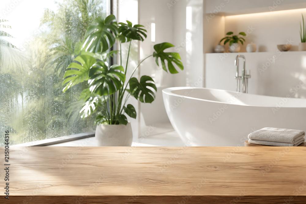 Fototapeta premium Bright minimalist bathroom interior with wooden countertop copy space, freestanding white bathtub, tropical plant, folded towels, large window, and soft natural morning light ambience concept