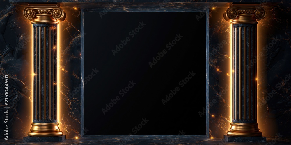Fototapeta premium Elegant Gold and Black Corinthian Columns Frame a Dramatic Dark Space with Glowing Embers