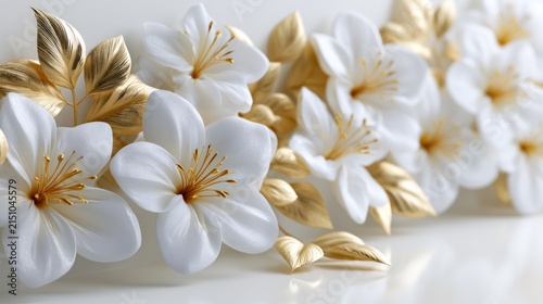Elegant white and gold flowers with delicate petals and leaves arranged on a smooth surface