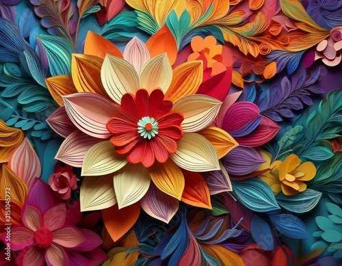 floral abstract colourful paper cut flower mosaic background