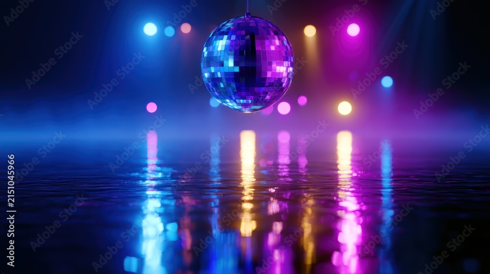 Obraz premium Disco ball reflects colorful lights on misty floor creating vibrant party atmosphere