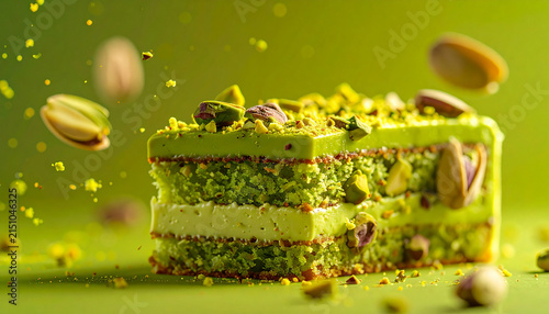 Pistachio sponge cake with delicate nut flecks in soft crumb