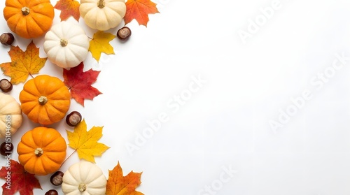 Autumn background with colorful pumpkins and fall leaves arranged on the left side of a white surface