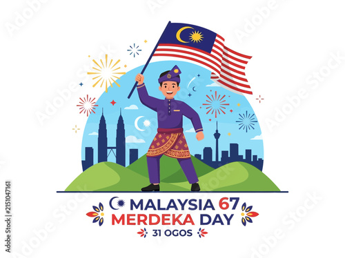 Photography A man in traditional Malaysian attire celebrates Merdeka Day, holding the national flag with a cityscape and fireworks in the background