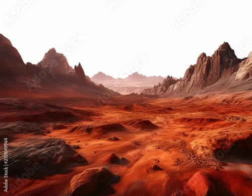 martian landscape with rocky terrain and red mountains isolated on white background cutout background