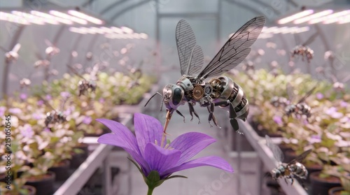 Bionic robotic bee pollinating flower in greenhouse laboratory.