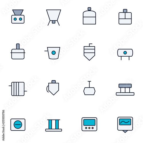 Premium flat vector icon collection of malt handling, brewing, wort processing, fermentation, filtration, filling and brewery control equipment for modern beverage production facilities.
