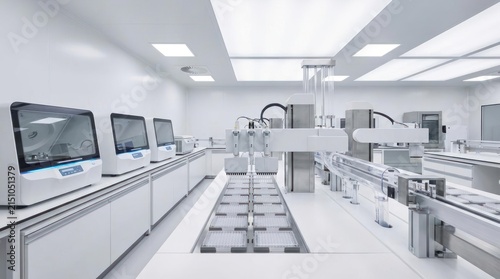 Bright sterile modern laboratory with automated equipment.