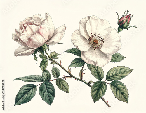Wild rose stem with delicate flowers in minimalist botanical style