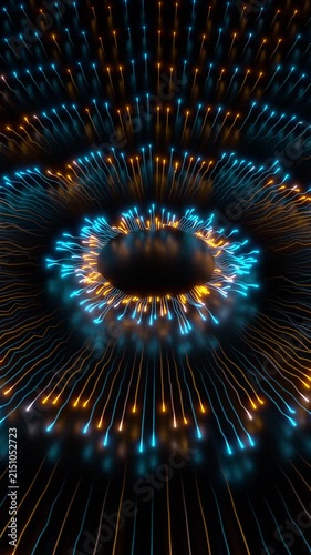 Circular Energy Lines Cyan Orange with Radiating Particles Seamless Animation 10 second Vertical Abstract seamless loop of circular neon lines with glowing particles expanding outward in different