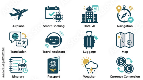 Collection of travel and tourism related icons for modern applications.