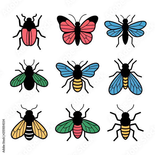 Collection of colorful insect illustrations for educational and design use