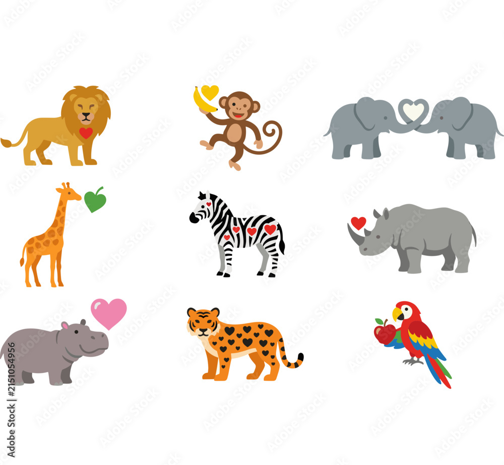 Obraz premium Cute flat design animal icons with hearts, including lion, monkey, elephants, giraffe, zebra, rhino, hippo, tiger, parrot