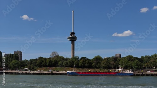 Dolly Tracking Shot of Euromast Tower From Water Perspective