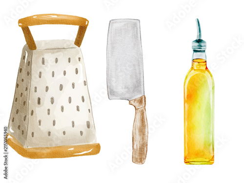 Obraz na plátne Watercolor illustration of cooking tools and ingredients including a grater, cle