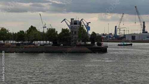 Boat Dolly Shot of Port of Rotterdam Cranes and Docks