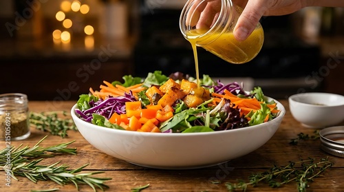 Hand pouring yellow dressing on fresh salad