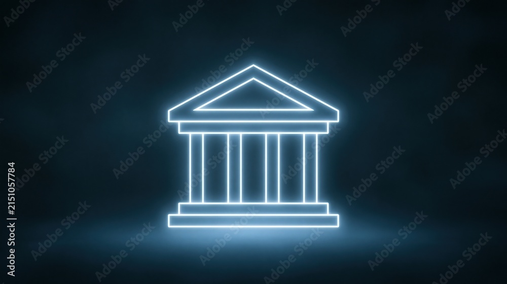 Fototapeta premium Glowing Neon Courthouse or Government Building Icon on Dark Background, Symbolizing Law and Justice