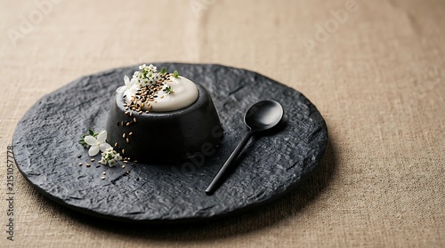 Modern black sesame pudding topped with thick coconut cream and sesame seeds on dark textured stone.