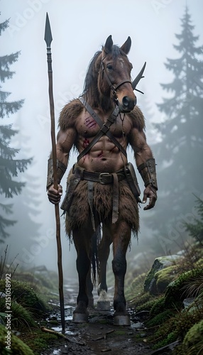 Muscular male-bodied centaur standing in a misty forest, combining a powerful human torso with a horse head and equine lower body, creating a striking mythical creature inspired by fantasy, mythology,