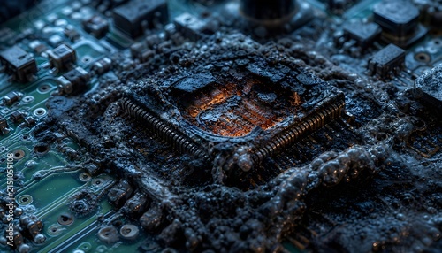 Extreme macro view of a rugged electronic circuit board and microchip surrounded by dark textured components, highlighting advanced technology, computing hardware, digital electronics, cybersecurity,