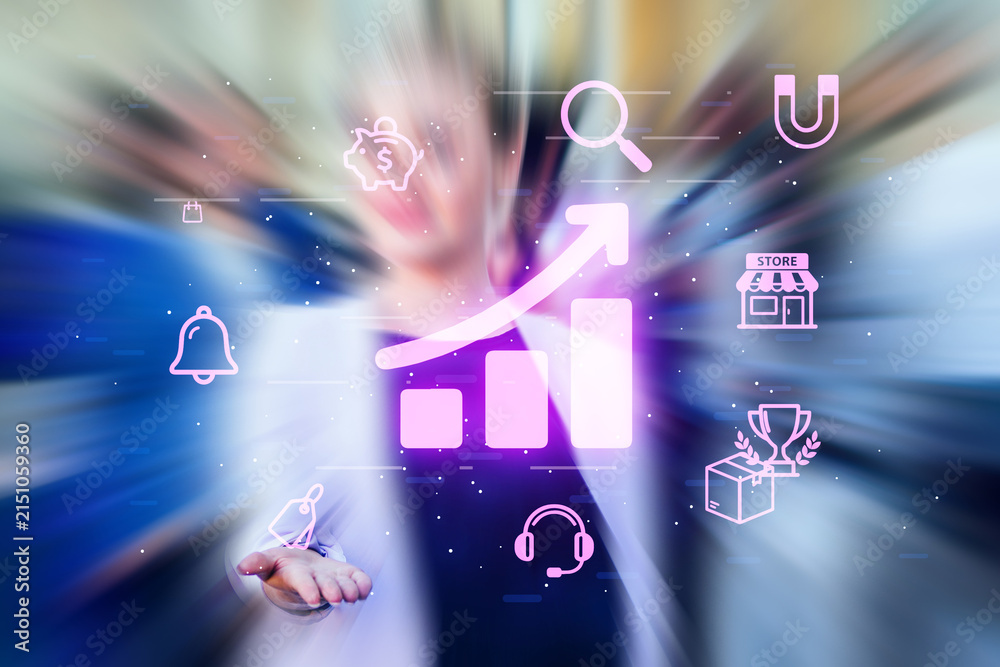 Fototapeta premium Business person showing growth graph with digital icons in office setting
