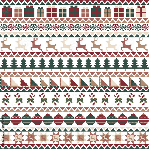 White Seamless pixel art Christmas Pattern of Christmas themes. Ideal for winter holiday apparel, wrapping paper, party invitations, greeting cards, and wallpaper