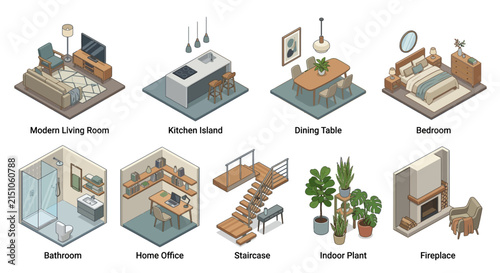 Isometric Interior Design Icons Set: Living Room, Kitchen, Bedroom & More