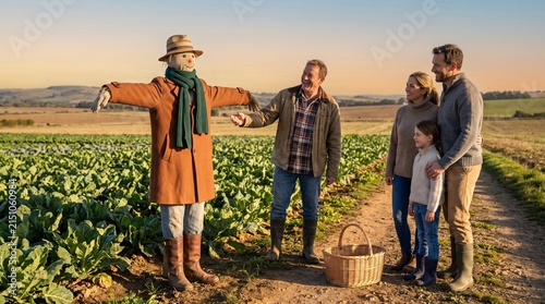Farm visitors admire the best dressed scarecrow on a tour