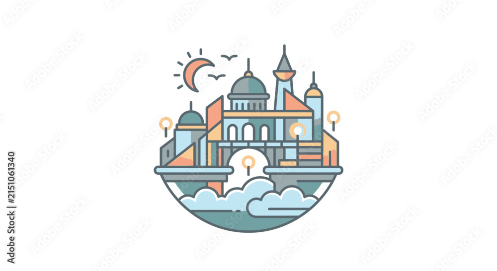 Fototapeta premium Whimsical floating castle city in the clouds with sun and moon, flat design illustration.