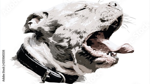 A closeup illustration of a dog yawning widely with its tongue extended.