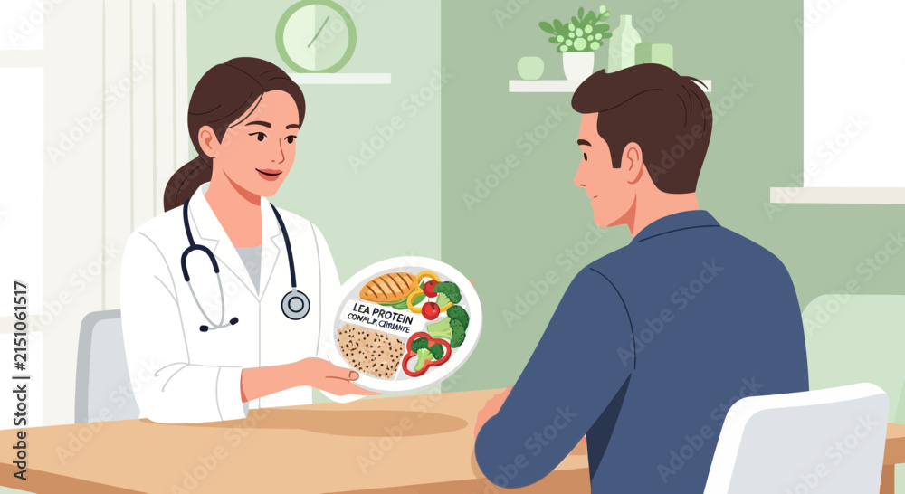 Fototapeta premium Doctor advises patient on healthy diet with protein and vegetables