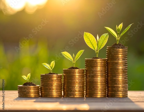 Stacks of coins with growing plants symbolizing financial growth and investment success