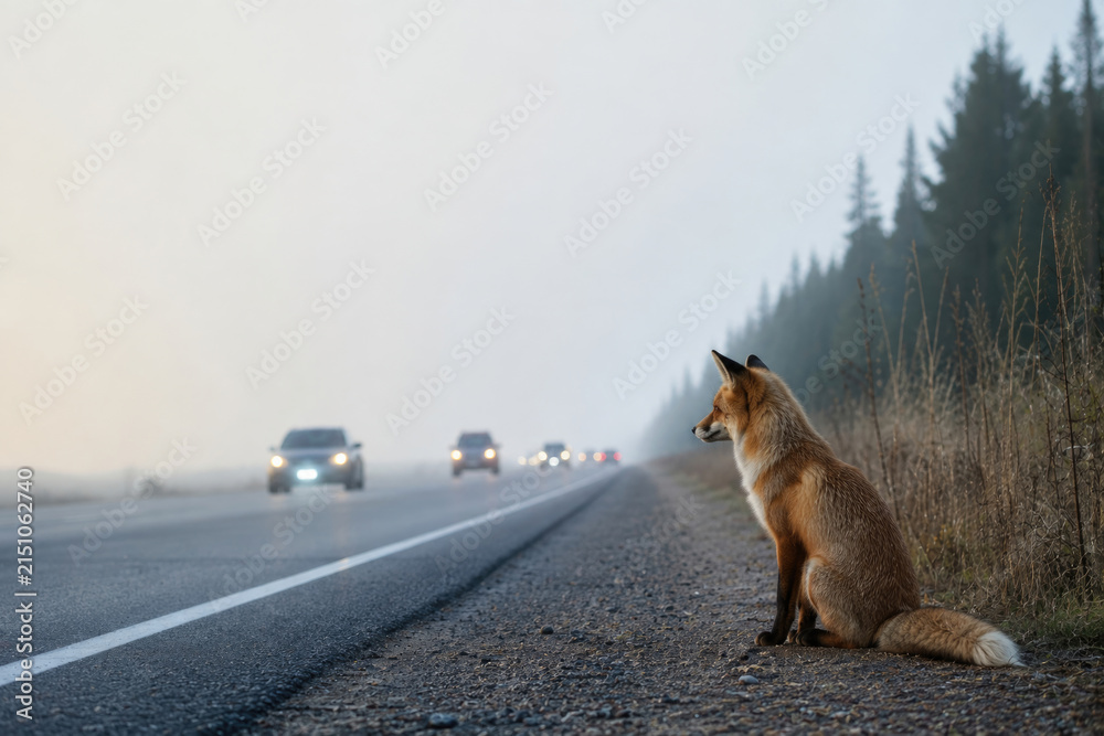 Fototapeta premium Red fox sits beside a foggy highway. Space for text.