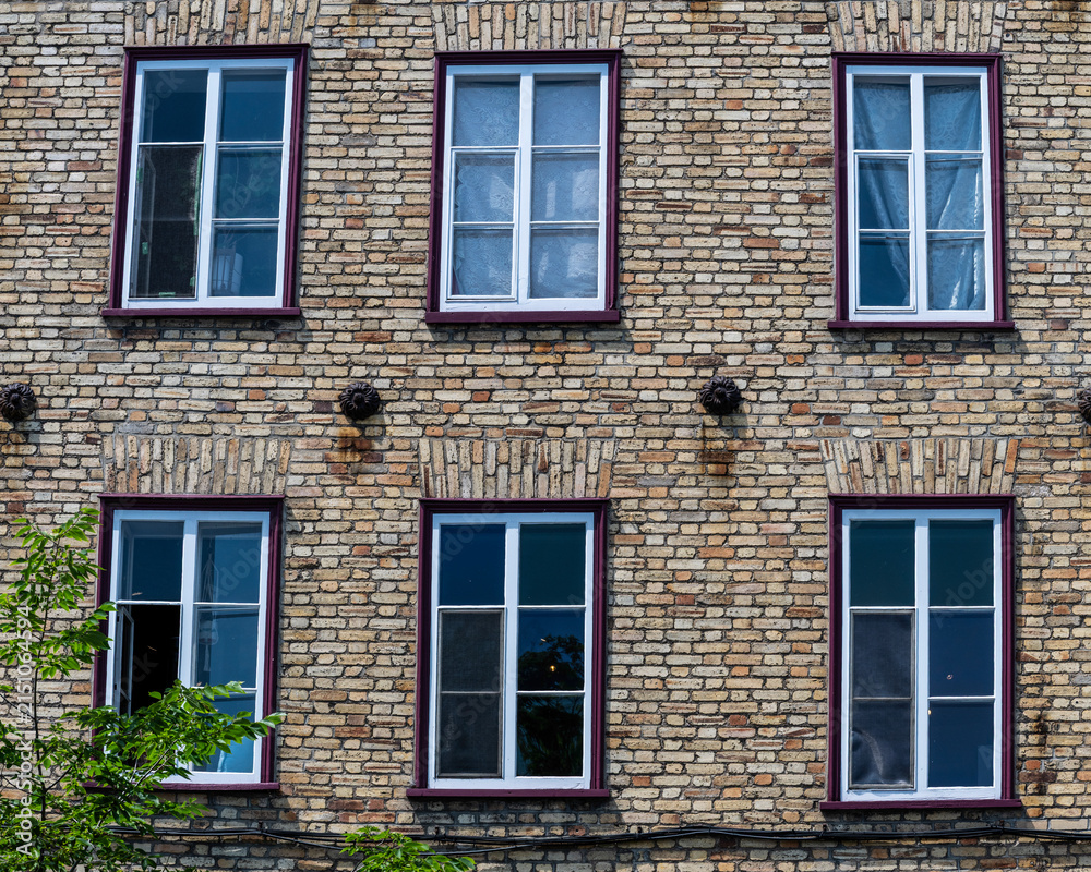 Obraz premium Wooden windows frames in a brick wall