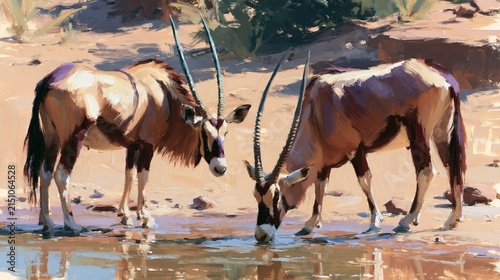 Two elegant antelopes drink from a tranquil water source in the arid landscape.