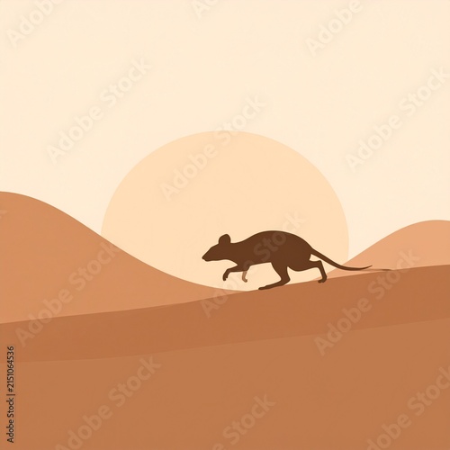 Silhouette of a kangaroo rat at desert sunset.